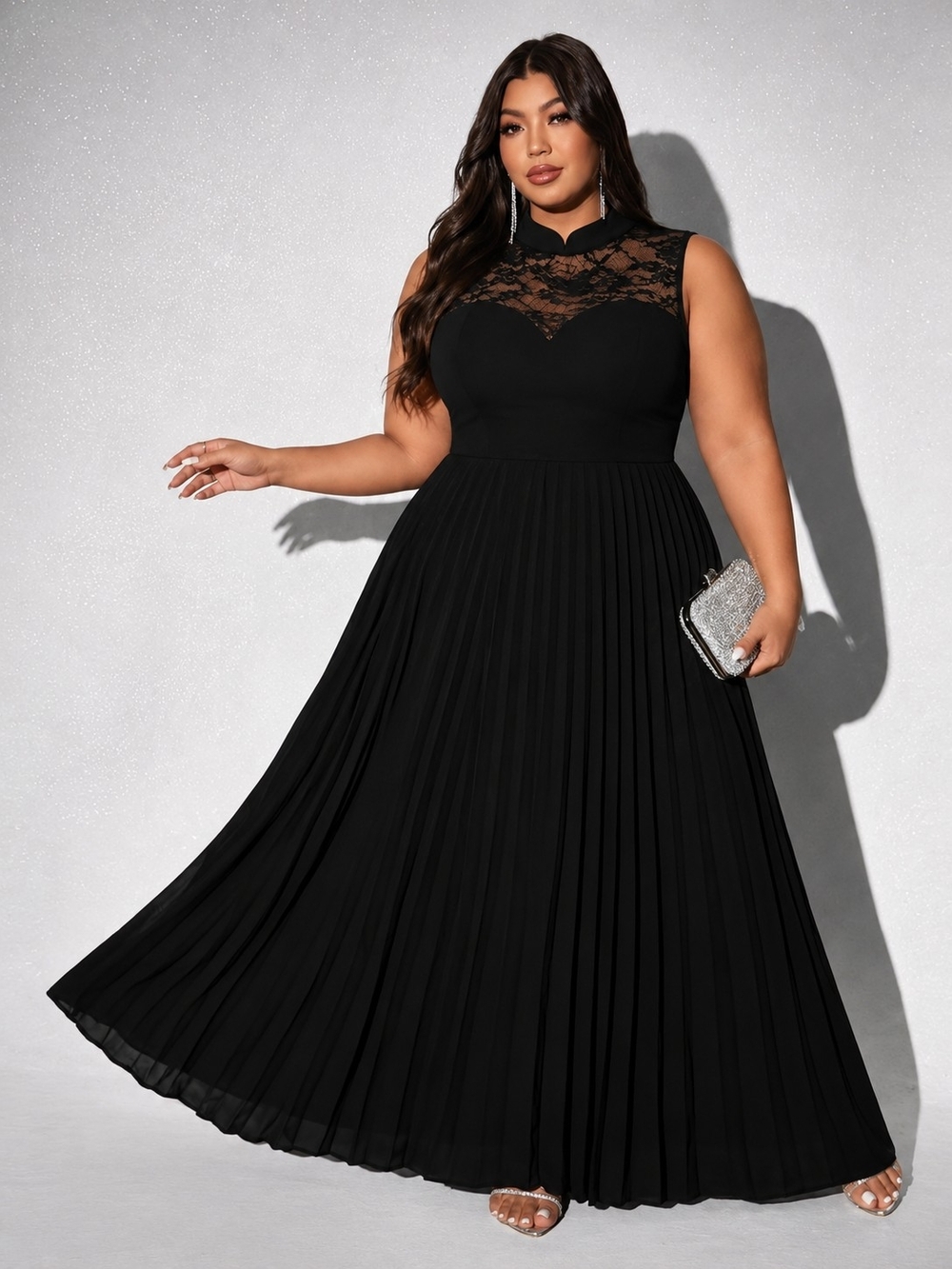 Elegant Black Lace Yoke Pleated Maxi Dress - Women's